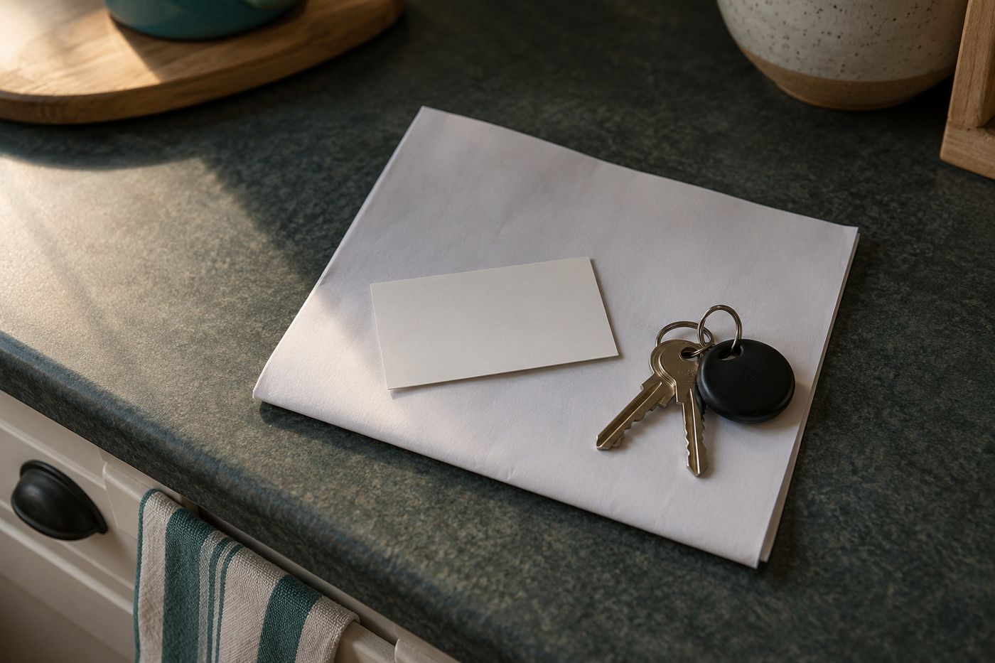A blank card resting on a folded invoice beside a set of keys, on a kitchen counter in evening light