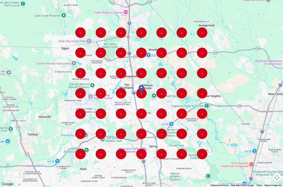 A 7 by 7 grid of check points across the north Houston area, every one marked with a dash meaning the business did not appear in the results