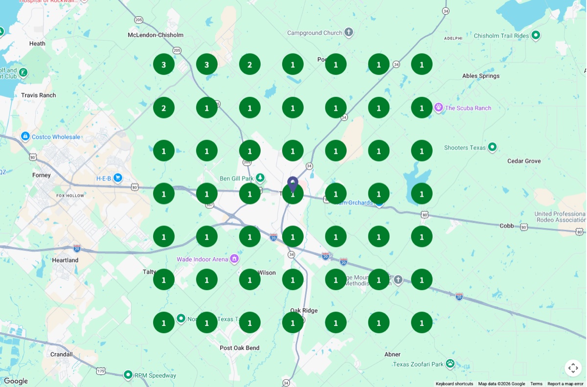 A 7 by 7 grid of check points across a Texas service area, nearly all showing rank number one in green