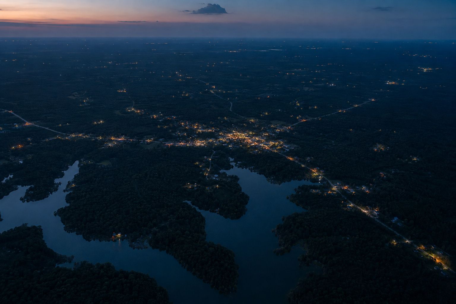 Aerial view at dusk of a rural county: one brightly lit town at centre, scattered lights along dark roads, forest and lake between